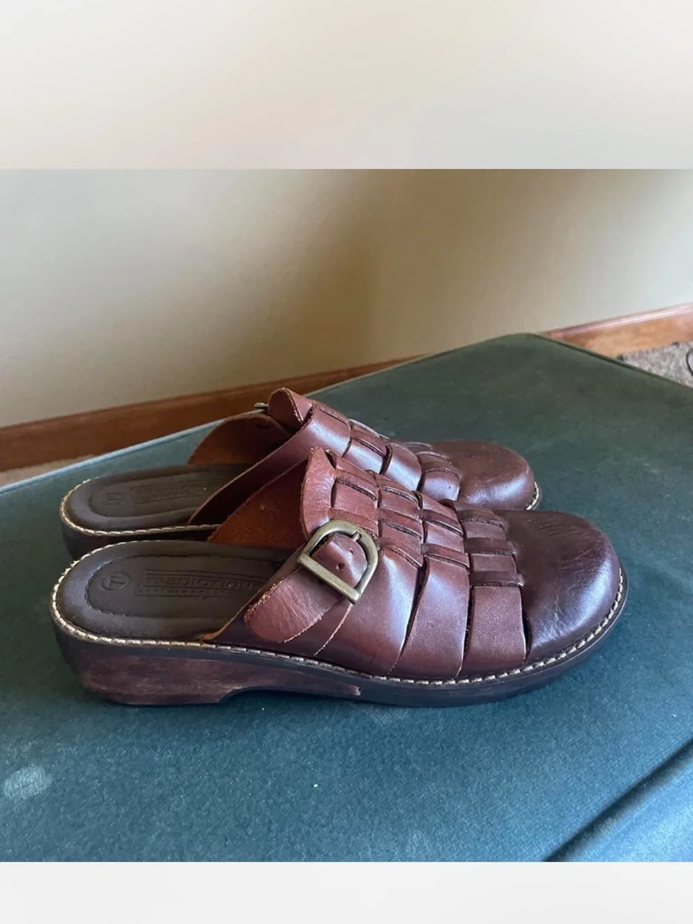 Predictions Leather Collection Brown Woven Leather Slip-On Clogs with Buckle